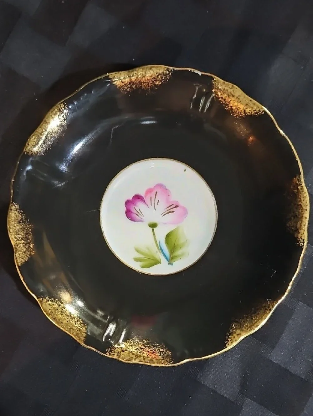 Porcelain Black Colorful Water Lily and Orchid Lustreware Teacup and Saucer